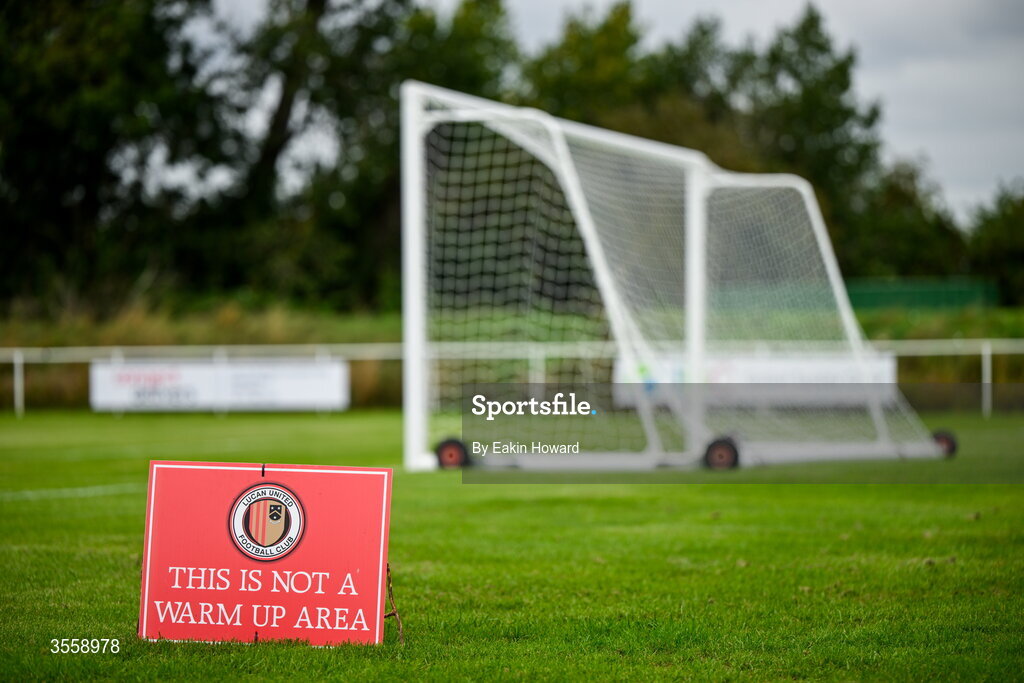 5 September 2026; A signs is seen near the pitch before the FAI National League match between Lucan United and Mervue United at Copper Face Jacks Park in Dublin. Photo by Eakin Howard/Sportsfile