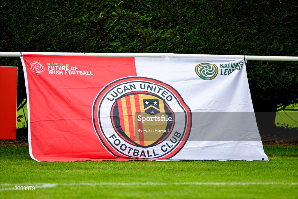 5 September 2026; The Lucan United logo is seen before the FAI National League match between Lucan United and Mervue United at Copper Face Jacks Park in Dublin. Photo by Eakin Howard/Sportsfile