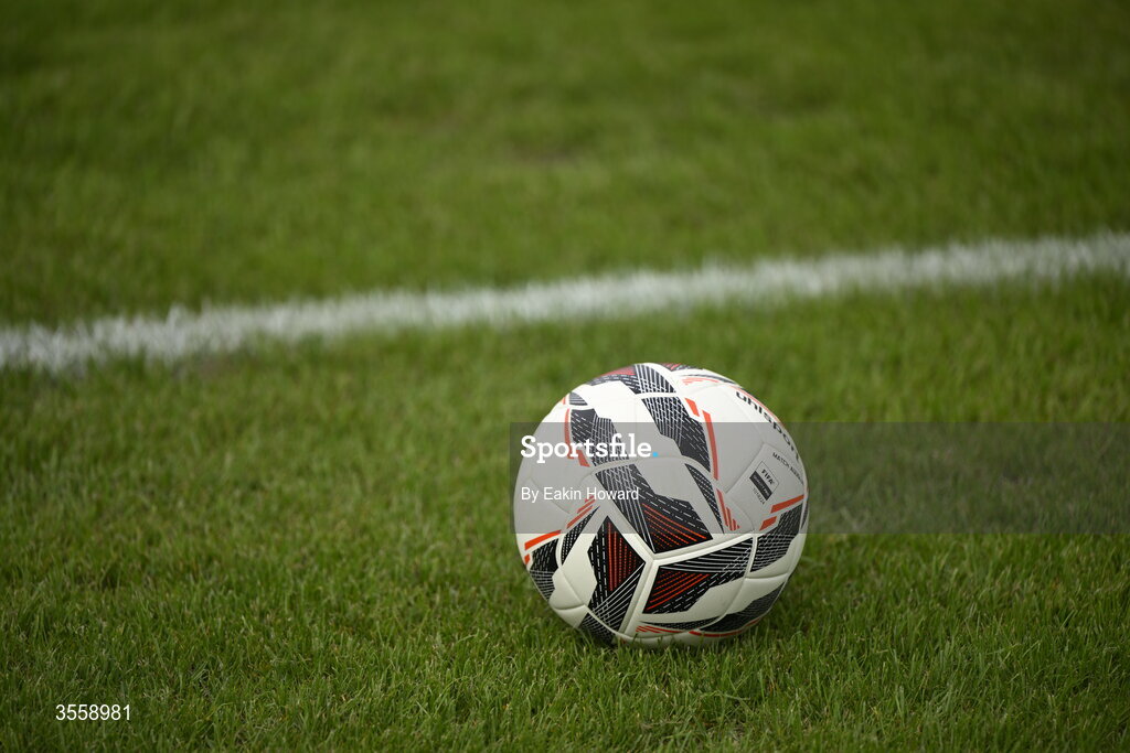 5 September 2026; A ball is seen before the FAI National League match between Lucan United and Mervue United at Copper Face Jacks Park in Dublin. Photo by Eakin Howard/Sportsfile
