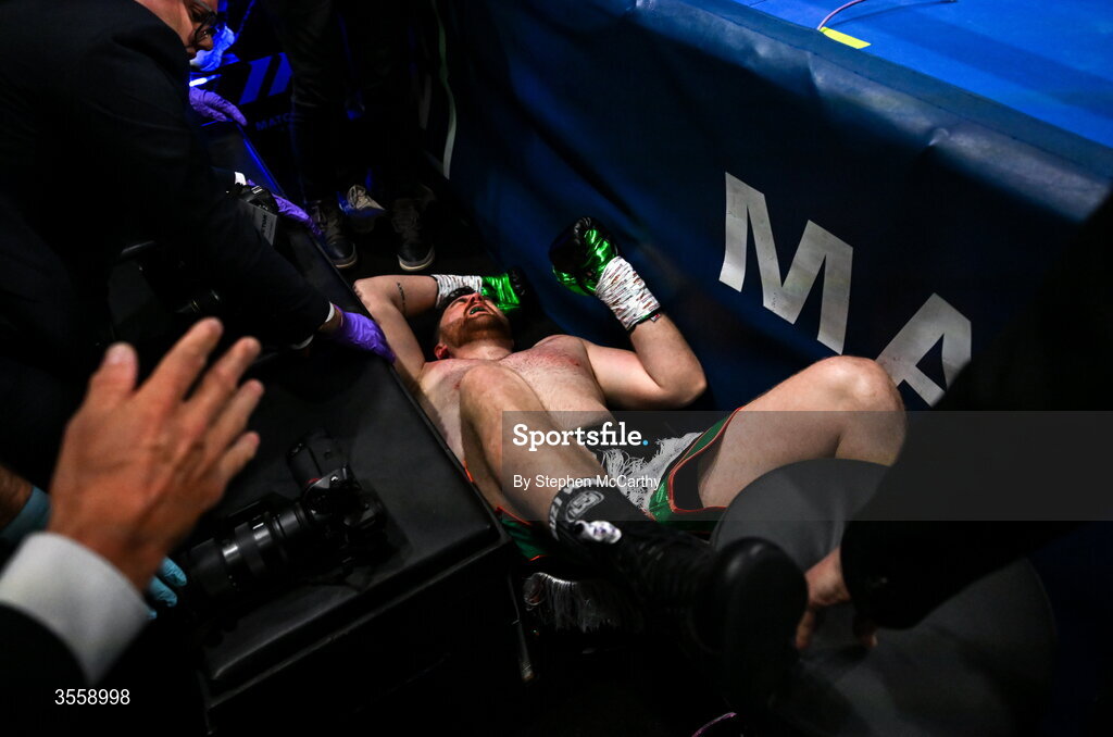 5 September 2026; Thomas Carty falls to the floor after being knocked through the ring ropes during his heavyweight bout by Dave Allen at the Once Upon A Time fight night in Croke Park, Dublin. Photo by Stephen McCarthy/Sportsfile