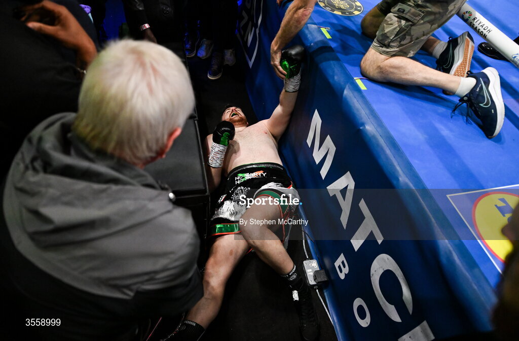 5 September 2026; Thomas Carty falls to the floor after being knocked through the ring ropes during his heavyweight bout by Dave Allen at the Once Upon A Time fight night in Croke Park, Dublin. Photo by Stephen McCarthy/Sportsfile