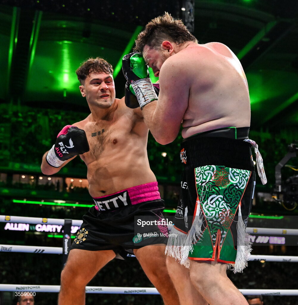 5 September 2026; Dave Allen, left, and Thomas Carty during their heavyweight bout at the Once Upon A Time fight night in Croke Park, Dublin. Photo by Stephen McCarthy/Sportsfile Photo by Stephen McCarthy/Sportsfile