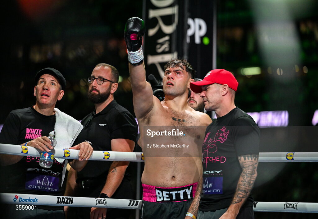5 September 2026; Dave Allen reacts at the big screen during his heavyweight bout with Thomas Carty at the Once Upon A Time fight night in Croke Park, Dublin. Photo by Stephen McCarthy/Sportsfile