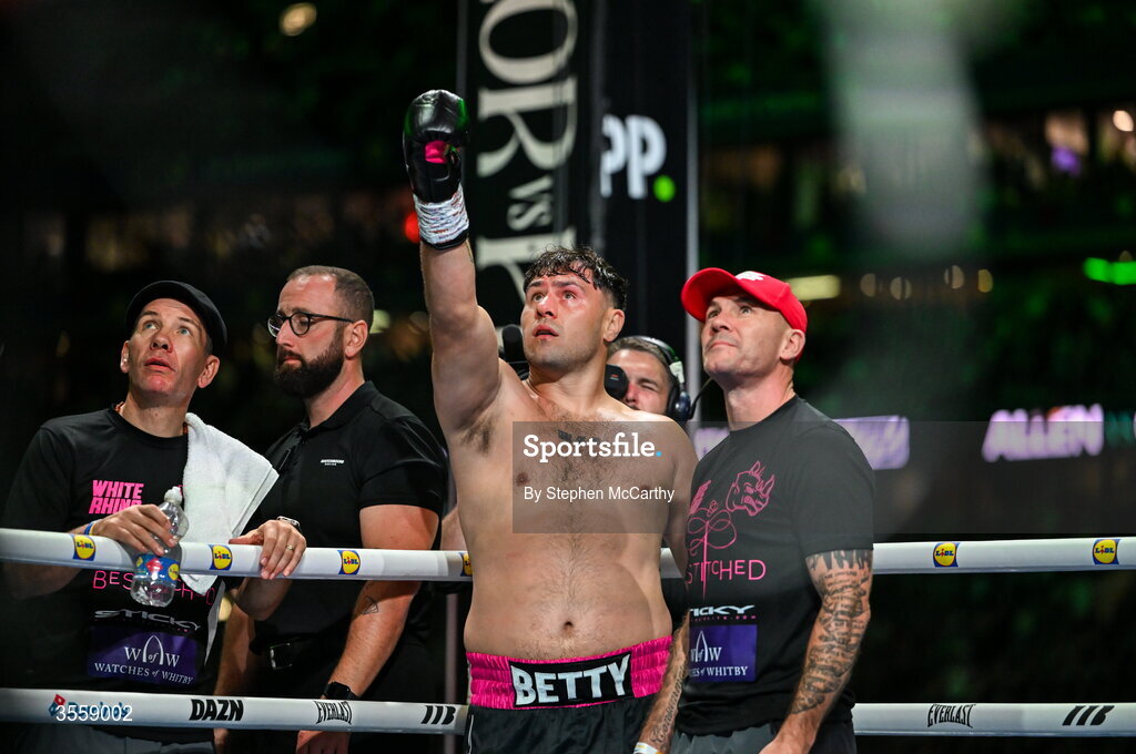 5 September 2026; Dave Allen reacts at the big screen during his heavyweight bout with Thomas Carty at the Once Upon A Time fight night in Croke Park, Dublin. Photo by Stephen McCarthy/Sportsfile