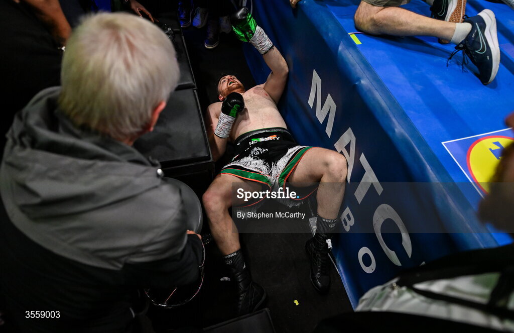 5 September 2026; Thomas Carty falls to the floor after being knocked through the ring ropes during his heavyweight bout by Dave Allen at the Once Upon A Time fight night in Croke Park, Dublin. Photo by Stephen McCarthy/Sportsfile