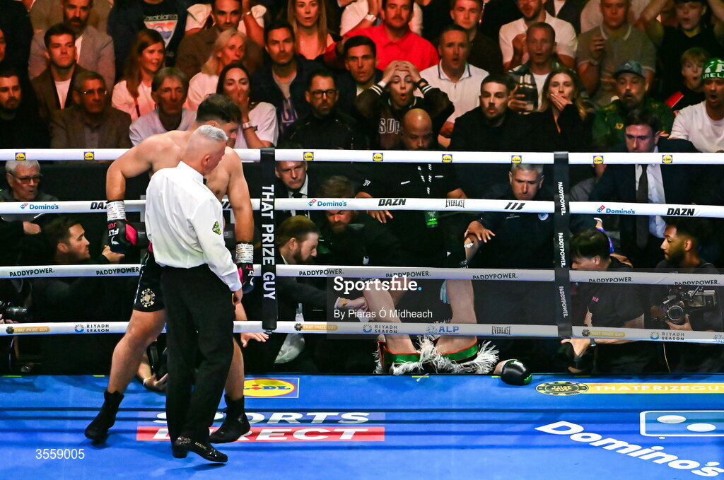 5 September 2026; Thomas Carty falls to the floor through the ring ropes during his heavyweight bout with Dave Allen at the Once Upon A Time fight night in Croke Park, Dublin. Photo by Piaras Ó Mídheach/Sportsfile