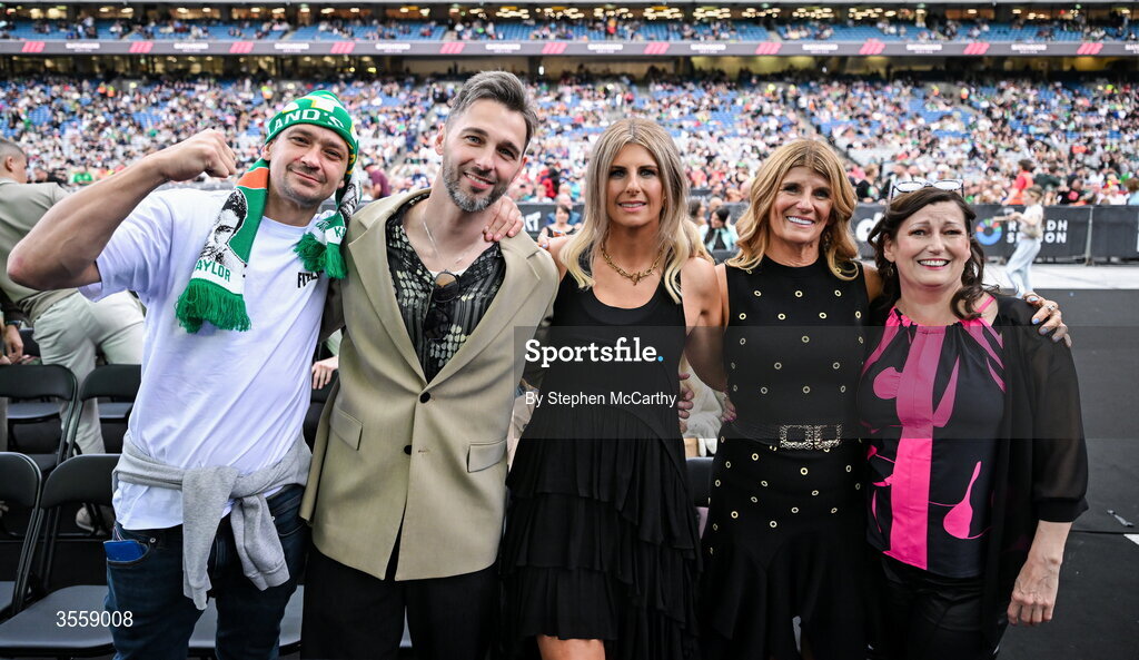 5 September 2026; Family of Katie Taylor, from left, brothers Lee and Peter, sister Sarah, mother Bridget and auntie Aileen Cranley ahead of the undisputed super lightweight championship fight between Katie Taylor and Flora Pili at the Once Upon A Time fight night in Croke Park, Dublin. Photo by Stephen McCarthy/Sportsfile