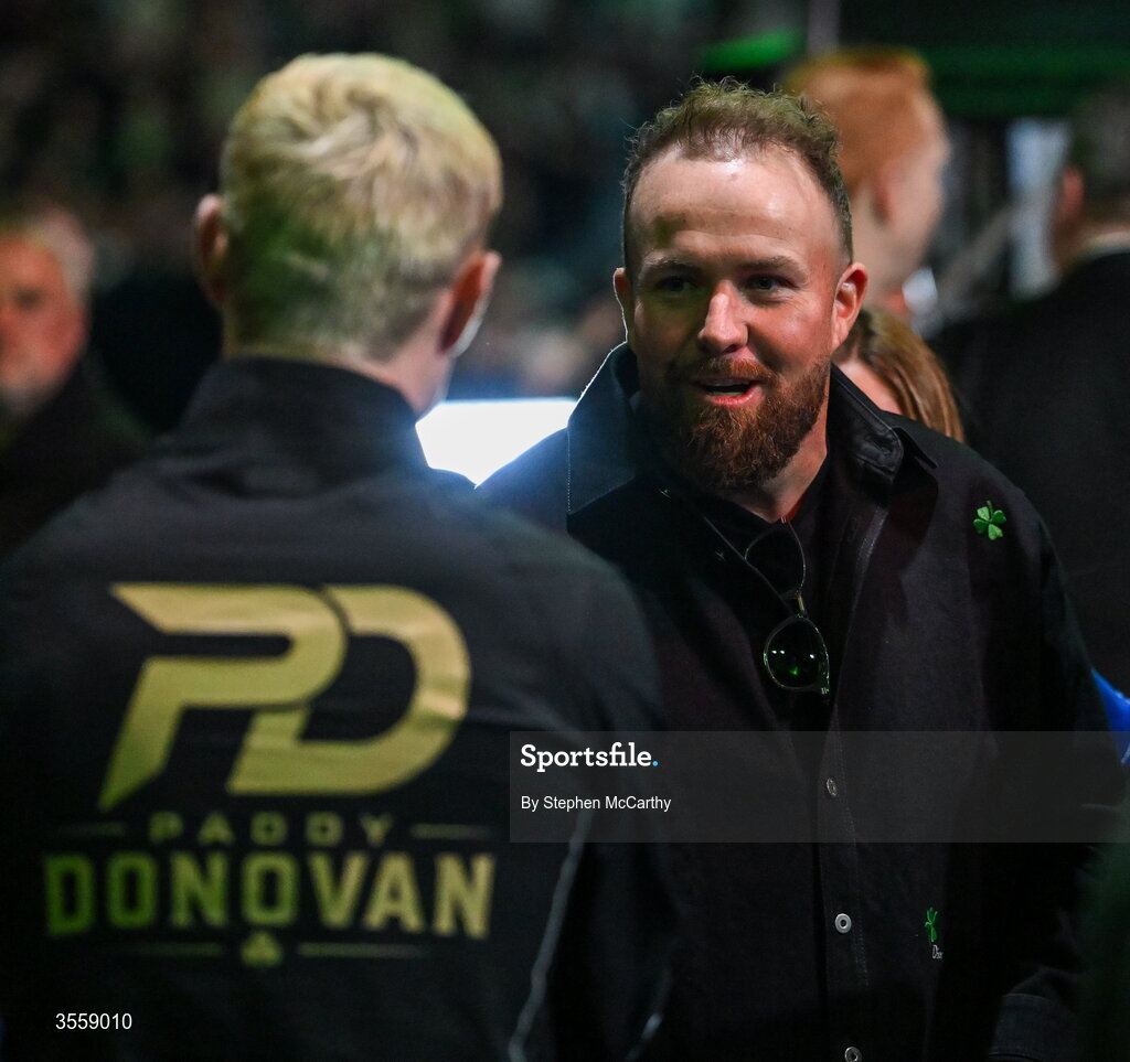 5 September 2026; Golfer Shane Lowry, right, meets Boxer Paddy Donovan ahead of the undisputed super lightweight championship fight between Katie Taylor and Flora Pili at the Once Upon A Time fight night in Croke Park, Dublin. Photo by Stephen McCarthy/Sportsfile