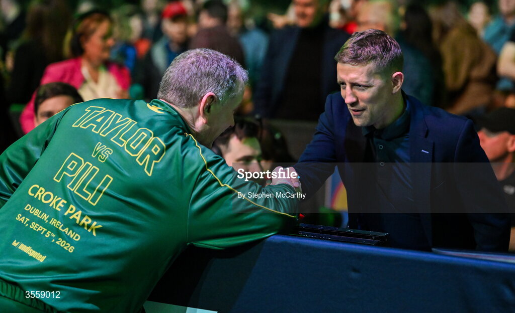 5 September 2026; Former boxer and RTÉ commentator Eric Donovan, right, with manager of Katie Taylor Biran Peters ahead of the undisputed super lightweight championship fight between Katie Taylor and Flora Pili at the Once Upon A Time fight night in Croke Park, Dublin. Photo by Stephen McCarthy/Sportsfile