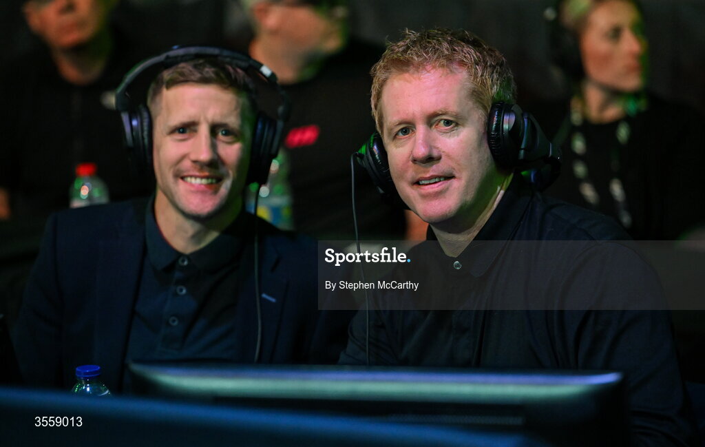 5 September 2026; RTÉ commentators, Hugh Cahill, right, and Eric Donovan ahead of the undisputed super lightweight championship fight between Katie Taylor and Flora Pili at the Once Upon A Time fight night in Croke Park, Dublin. Photo by Stephen McCarthy/Sportsfile