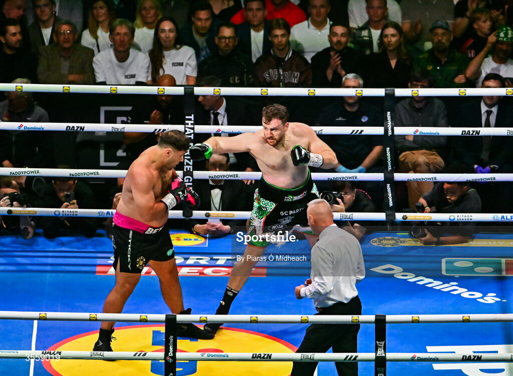 5 September 2026; Dave Allen, left, and Thomas Carty during their heavyweight bout at the Once Upon A Time fight night in Croke Park, Dublin. Photo by Piaras Ó Mídheach/Sportsfile