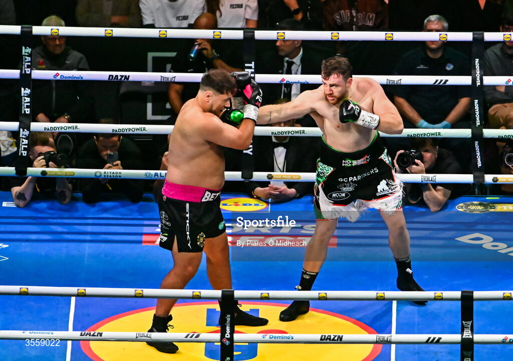 5 September 2026; Dave Allen, left, and Thomas Carty during their heavyweight bout at the Once Upon A Time fight night in Croke Park, Dublin. Photo by Piaras Ó Mídheach/Sportsfile