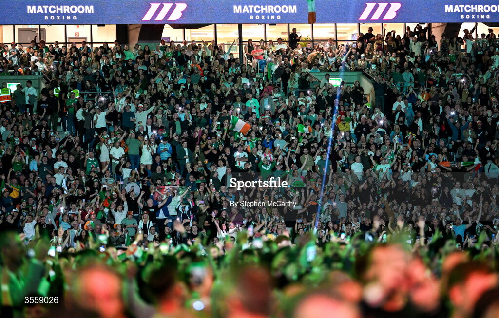 5 September 2026; Supporters ahead of the undisputed super lightweight championship fight between Katie Taylor and Flora Pili at the Once Upon A Time fight night in Croke Park, Dublin. Photo by Stephen McCarthy/Sportsfile