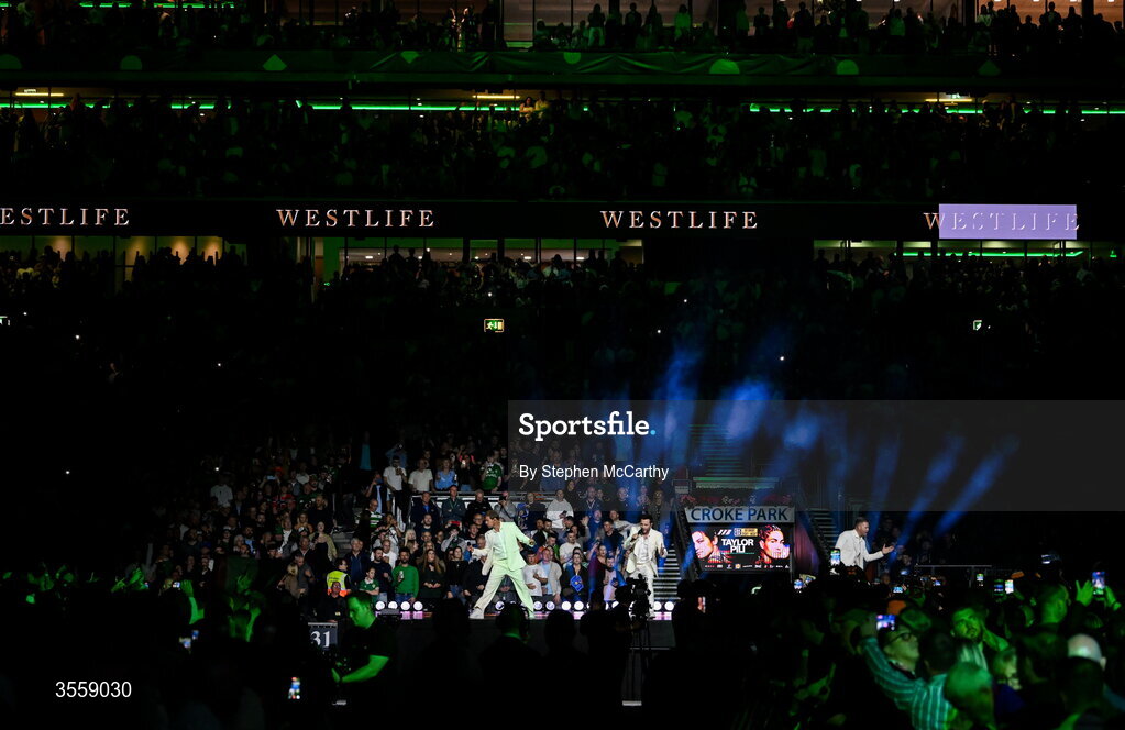 5 September 2026; Kian Egan, left, Shane Filan, centre, and Nicky Byrne of Westlife perform ahead of the undisputed super lightweight championship fight between Katie Taylor and Flora Pili at the Once Upon A Time fight night in Croke Park, Dublin. Photo by Stephen McCarthy/Sportsfile