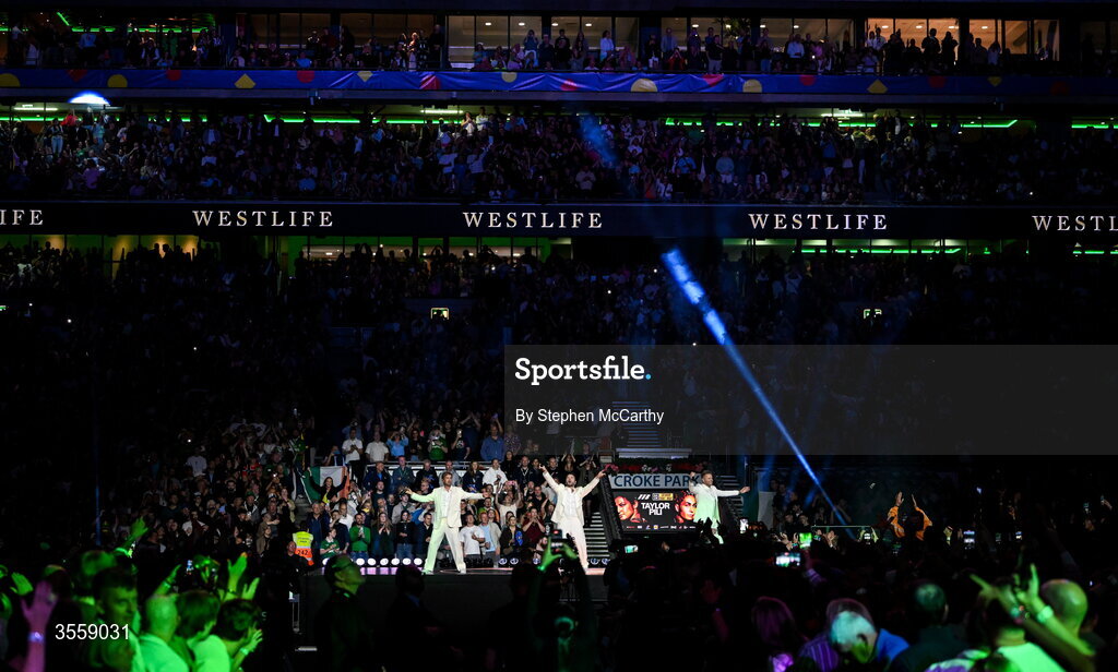 5 September 2026; Kian Egan, left, Shane Filan, centre, and Nicky Byrne of Westlife perform ahead of the undisputed super lightweight championship fight between Katie Taylor and Flora Pili at the Once Upon A Time fight night in Croke Park, Dublin. Photo by Stephen McCarthy/Sportsfile