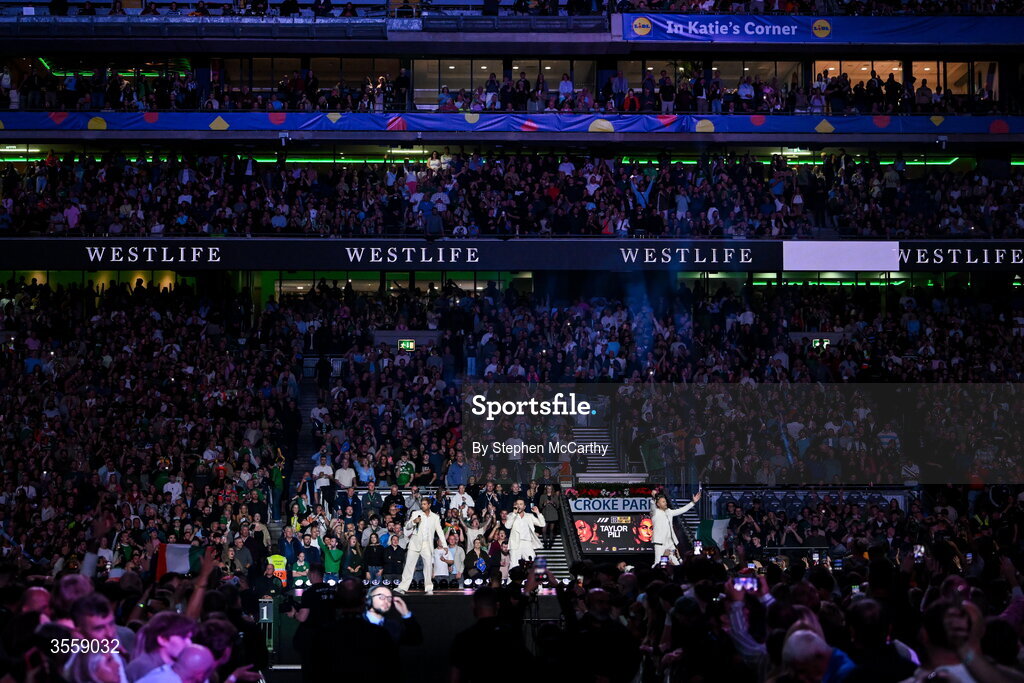 5 September 2026; Kian Egan, left, Shane Filan, centre, and Nicky Byrne of Westlife perform ahead of the undisputed super lightweight championship fight between Katie Taylor and Flora Pili at the Once Upon A Time fight night in Croke Park, Dublin. Photo by Stephen McCarthy/Sportsfile