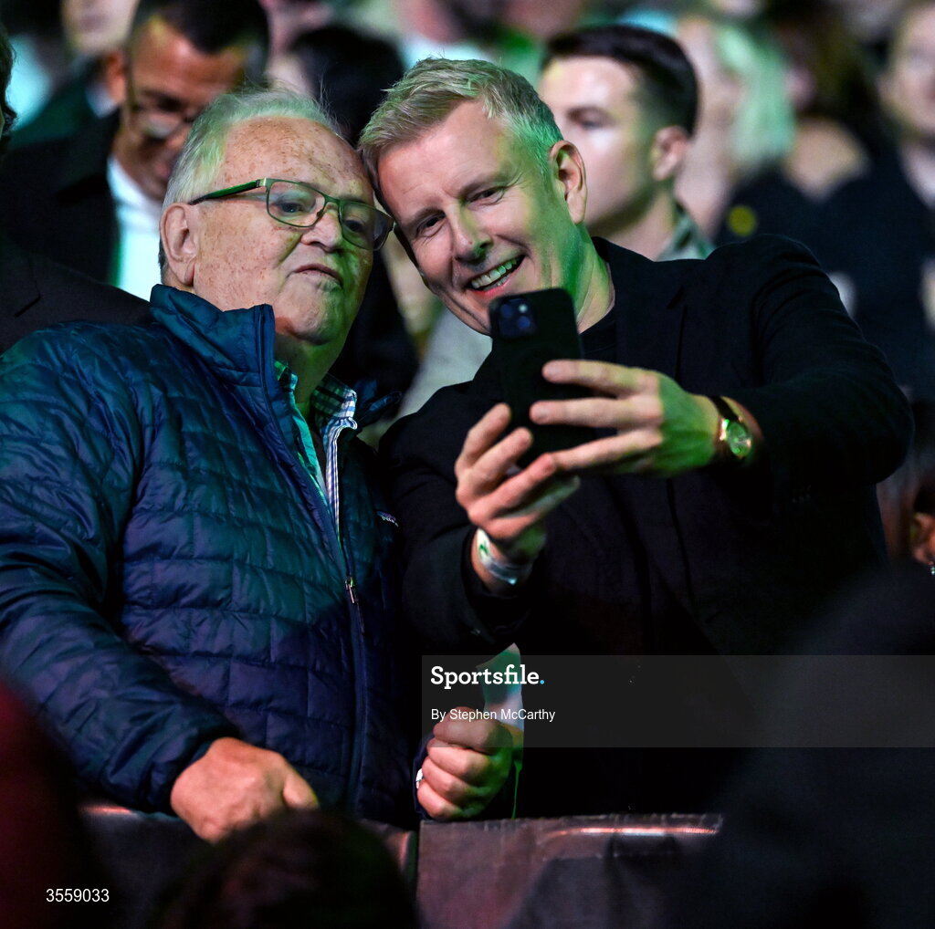 5 September 2026; The Late Late Show presenter and broadcaster Patrick Kielty, right, in attendance ahead of the undisputed super lightweight championship fight between Katie Taylor and Flora Pili at the Once Upon A Time fight night in Croke Park, Dublin. Photo by Stephen McCarthy/Sportsfile