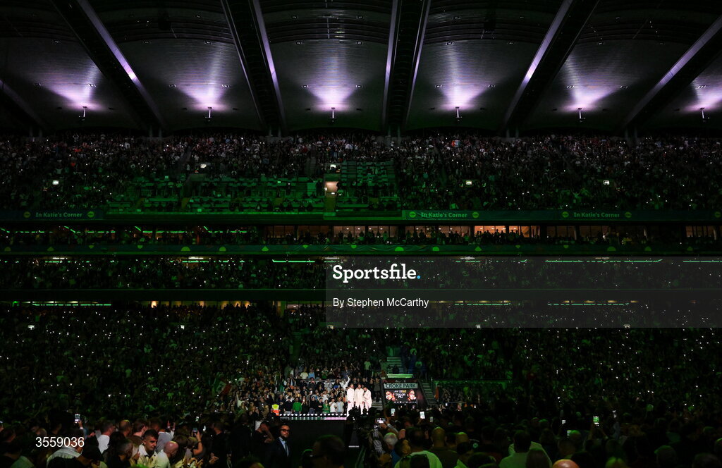 5 September 2026; Nicky Byrne, left, Kian Egan, centre, and Shane Filan of Westlife perform ahead of the undisputed super lightweight championship fight between Katie Taylor and Flora Pili at the Once Upon A Time fight night in Croke Park, Dublin. Photo by Stephen McCarthy/Sportsfile
