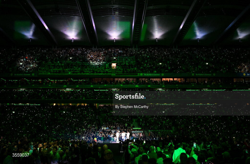 5 September 2026; Nicky Byrne, left, Kian Egan, centre, and Shane Filan of Westlife perform ahead of the undisputed super lightweight championship fight between Katie Taylor and Flora Pili at the Once Upon A Time fight night in Croke Park, Dublin. Photo by Stephen McCarthy/Sportsfile