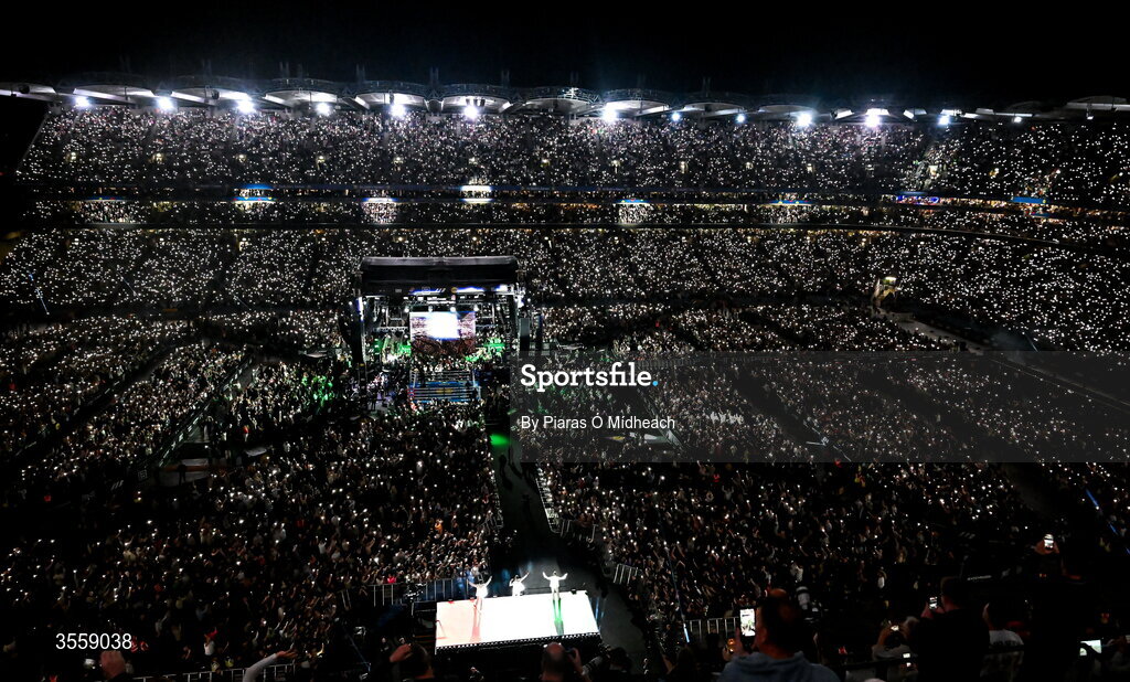 5 September 2026; A general view during the Westlife performance ahead of the undisputed super lightweight championship fight between Katie Taylor and Flora Pili at the Once Upon A Time fight night in Croke Park, Dublin. Photo by Piaras Ó Mídheach/Sportsfile