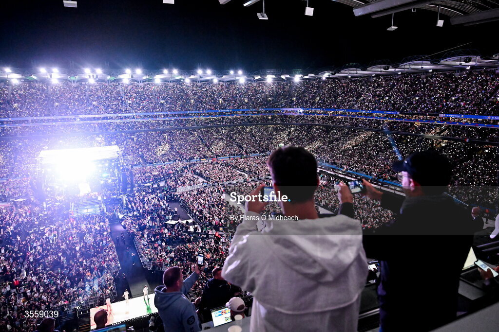 5 September 2026; A general view during the Westlife performance ahead of the undisputed super lightweight championship fight between Katie Taylor and Flora Pili at the Once Upon A Time fight night in Croke Park, Dublin. Photo by Piaras Ó Mídheach/Sportsfile