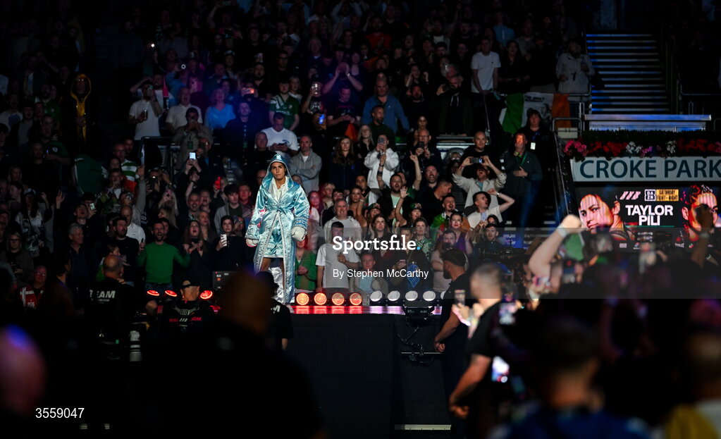 5 September 2026; Flora Pili makes her way to the ring before her undisputed super lightweight championship fight with Katie Taylor at the Once Upon A Time fight night in Croke Park, Dublin. Photo by Stephen McCarthy/Sportsfile