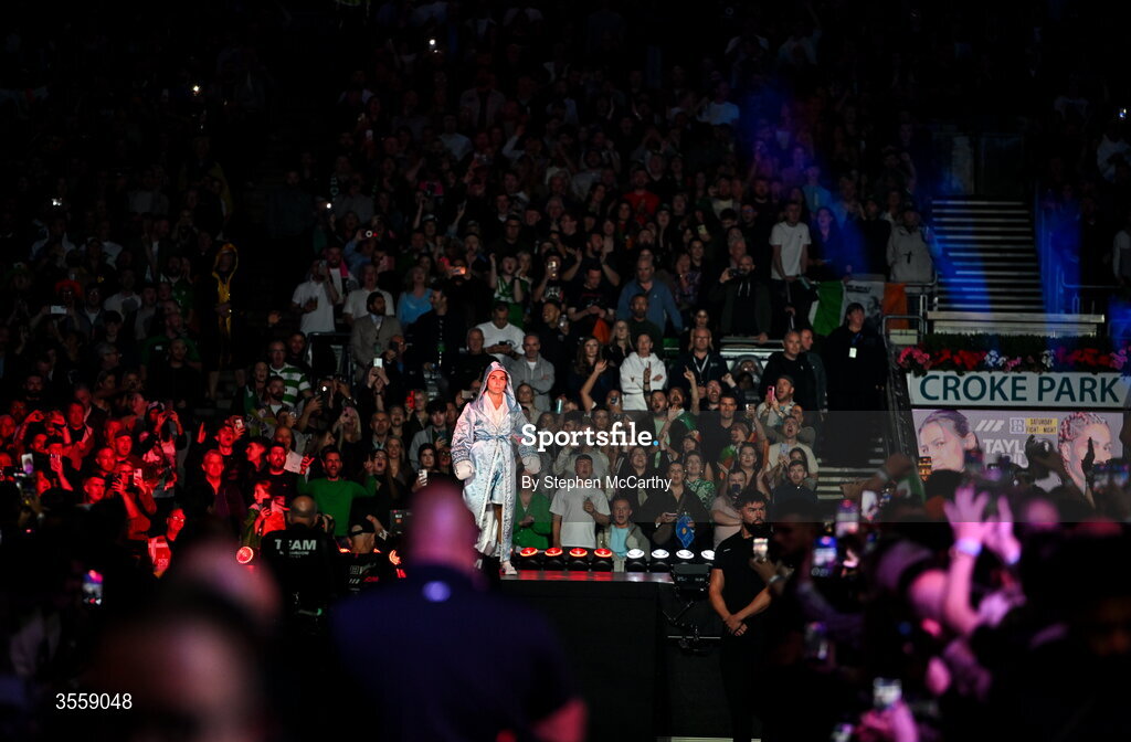 5 September 2026; Flora Pili makes her way to the ring before her undisputed super lightweight championship fight with Katie Taylor at the Once Upon A Time fight night in Croke Park, Dublin. Photo by Stephen McCarthy/Sportsfile