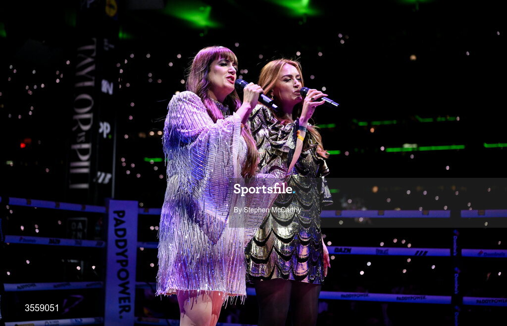 5 September 2026; Aoife Scott, left, and Róisín O perform Amhrán na bhFiann ahead of the undisputed super lightweight championship fight between Katie Taylor and Flora Pili at the Once Upon A Time fight night in Croke Park, Dublin. Photo by Stephen McCarthy/Sportsfile