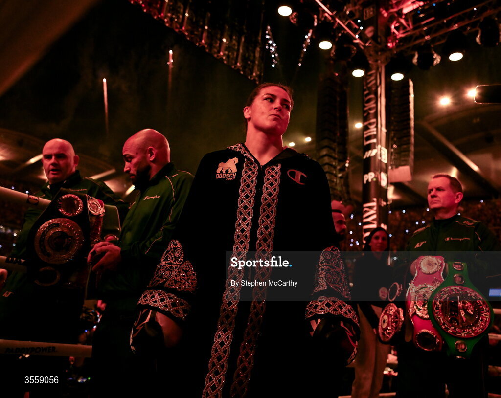 5 September 2026; Katie Taylor before her undisputed super lightweight championship fight with Flora Pili at the Once Upon A Time fight night in Croke Park, Dublin. Photo by Stephen McCarthy/Sportsfile
