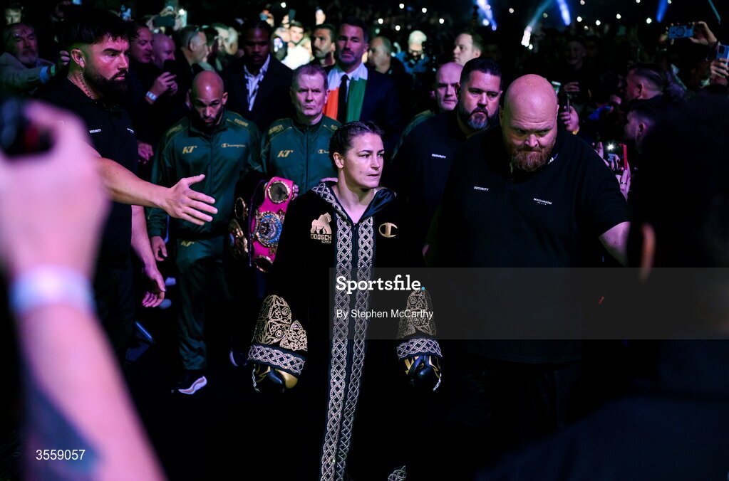 5 September 2026; Katie Taylor makes her way to the ring before her undisputed super lightweight championship fight with Flora Pili at the Once Upon A Time fight night in Croke Park, Dublin. Photo by Stephen McCarthy/Sportsfile
