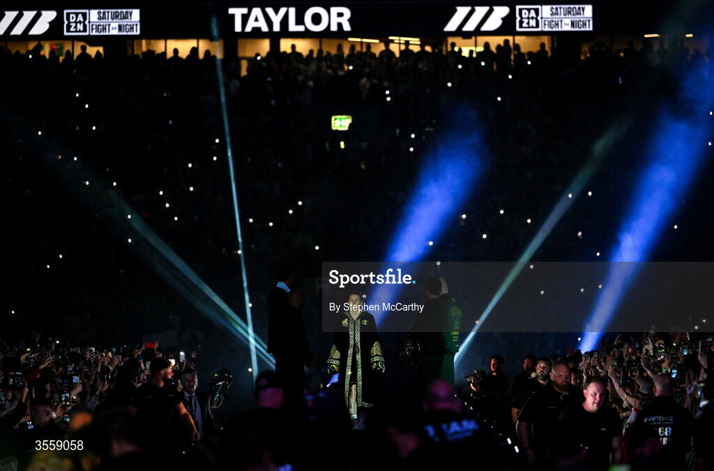 5 September 2026; Katie Taylor makes her way to the ring before her undisputed super lightweight championship fight with Flora Pili at the Once Upon A Time fight night in Croke Park, Dublin. Photo by Stephen McCarthy/Sportsfile