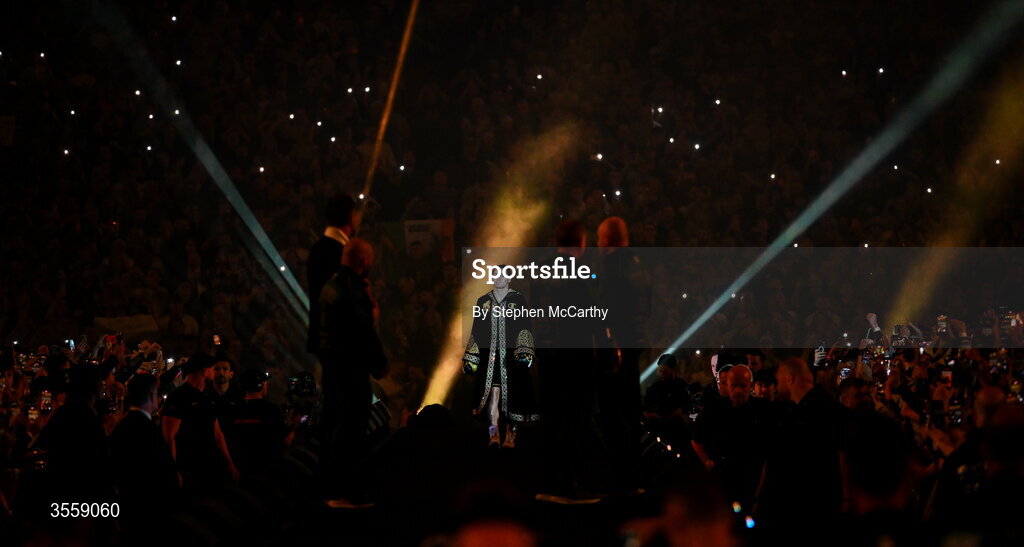 5 September 2026; Katie Taylor makes her way to the ring before her undisputed super lightweight championship fight with Flora Pili at the Once Upon A Time fight night in Croke Park, Dublin. Photo by Stephen McCarthy/Sportsfile