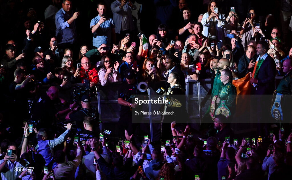 5 September 2026; Katie Taylor makes the ring walk before her undisputed super lightweight championship fight with Flora Pili at the Once Upon A Time fight night in Croke Park, Dublin. Photo by Piaras Ó Mídheach/Sportsfile