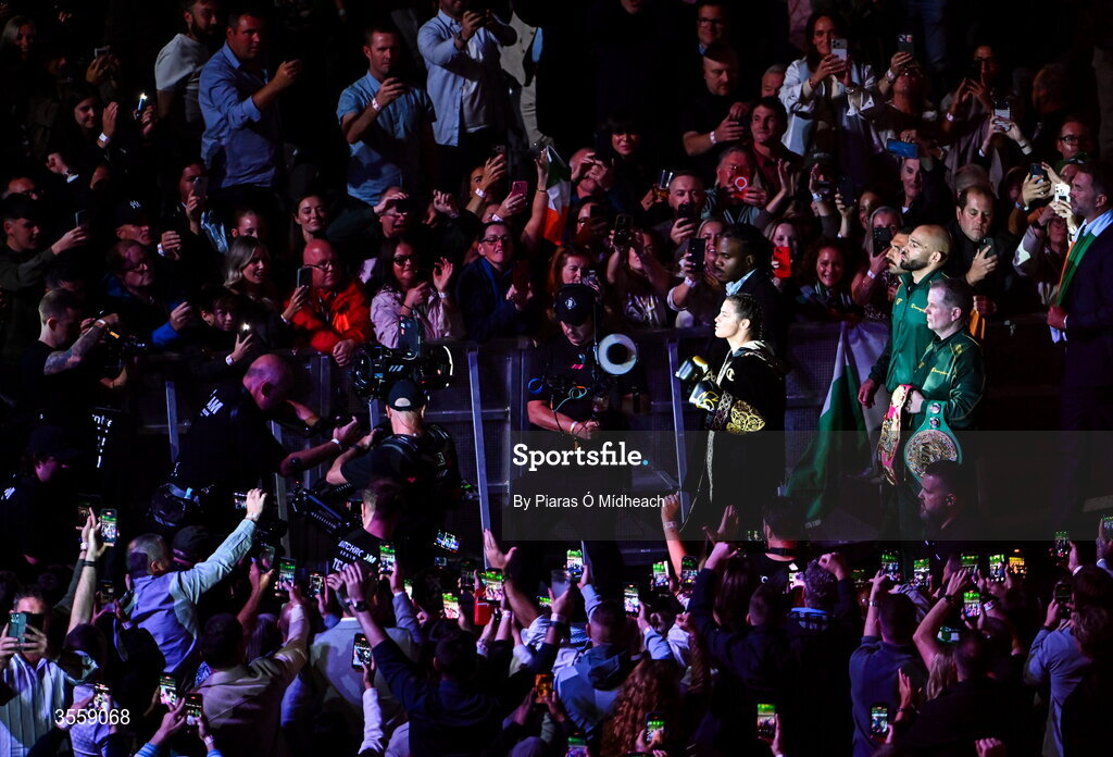 5 September 2026; Katie Taylor makes the ring walk before her undisputed super lightweight championship fight with Flora Pili at the Once Upon A Time fight night in Croke Park, Dublin. Photo by Piaras Ó Mídheach/Sportsfile