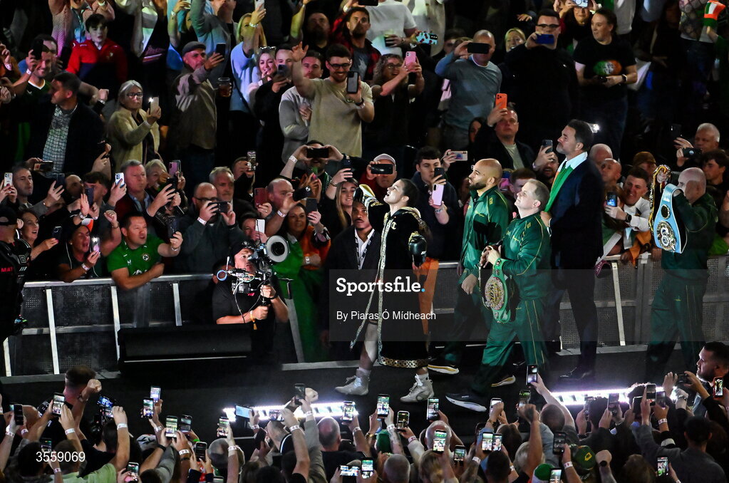 5 September 2026; Katie Taylor makes the ring walk before her undisputed super lightweight championship fight with Flora Pili at the Once Upon A Time fight night in Croke Park, Dublin. Photo by Piaras Ó Mídheach/Sportsfile