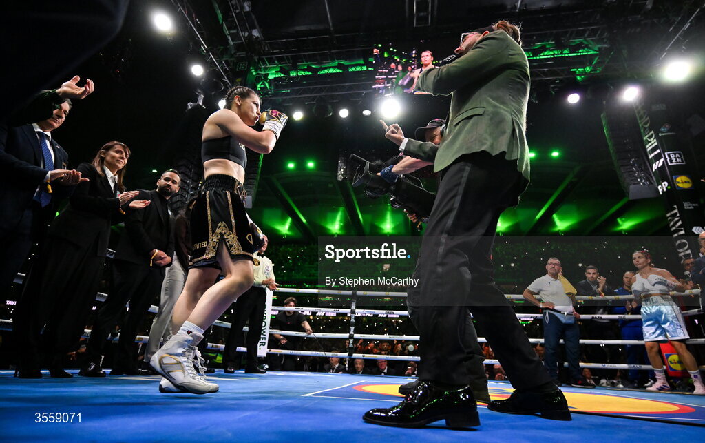 5 September 2026; Katie Taylor before her undisputed super lightweight championship fight with Flora Pili at the Once Upon A Time fight night in Croke Park, Dublin. Photo by Stephen McCarthy/Sportsfile