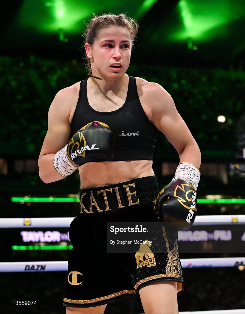 5 September 2026; Katie Taylor during her undisputed super lightweight championship fight with Flora Pili at the Once Upon A Time fight night in Croke Park, Dublin. Photo by Stephen McCarthy/Sportsfile