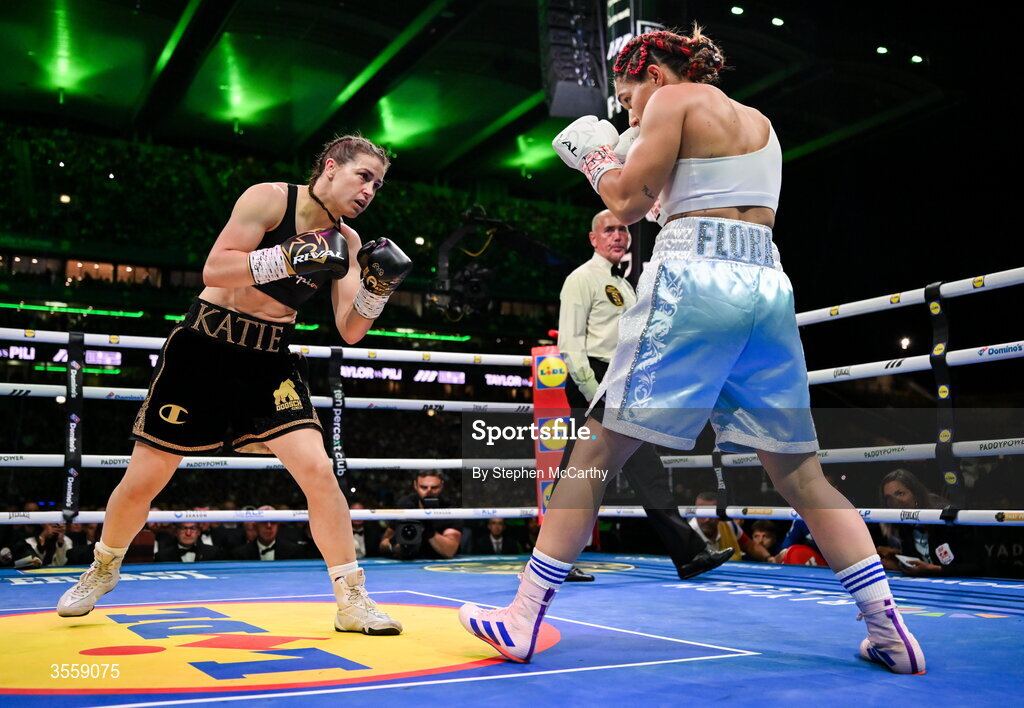 5 September 2026; Katie Taylor, left, and Flora Pili during their undisputed super lightweight championship fight at the Once Upon A Time fight night in Croke Park, Dublin. Photo by Stephen McCarthy/Sportsfile