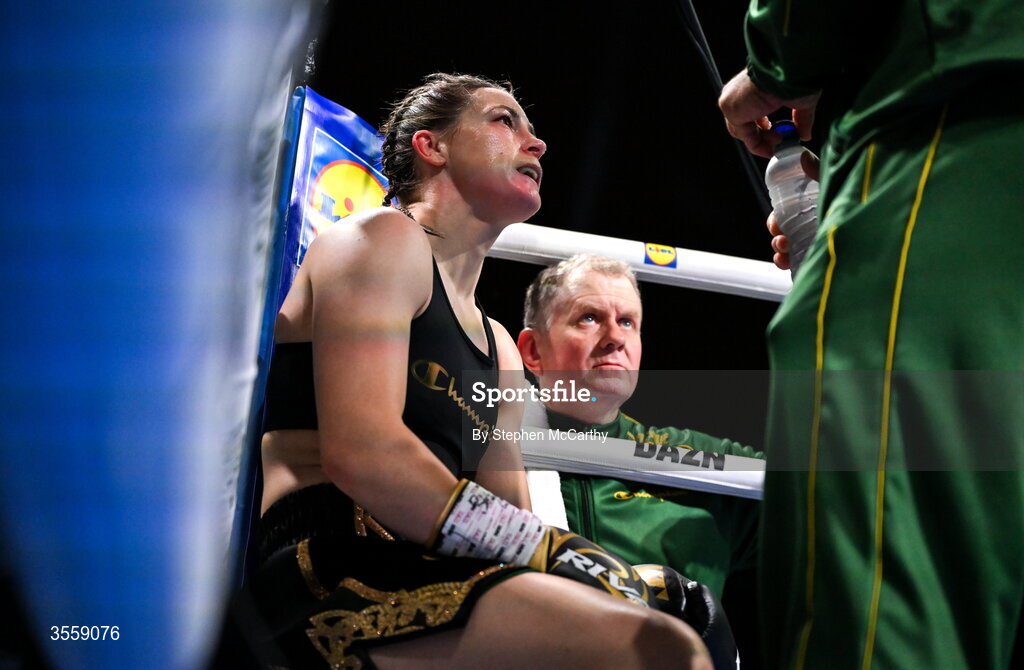 5 September 2026; Katie Taylor during her undisputed super lightweight championship fight with Flora Pili at the Once Upon A Time fight night in Croke Park, Dublin. Photo by Stephen McCarthy/Sportsfile