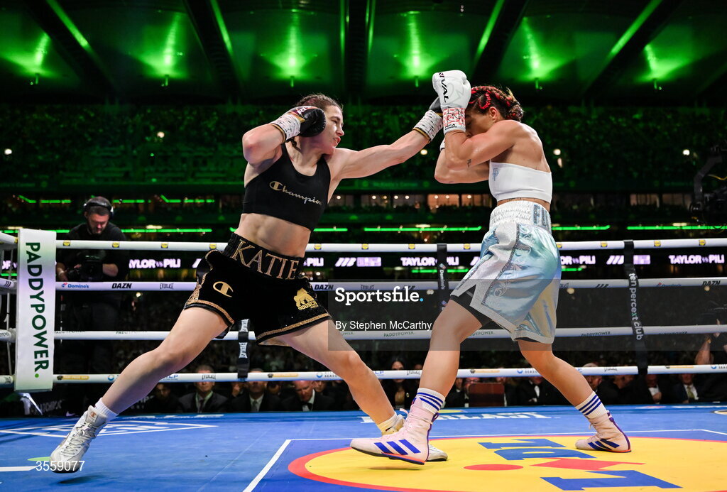 5 September 2026; Katie Taylor, left, and Flora Pili during their undisputed super lightweight championship fight at the Once Upon A Time fight night in Croke Park, Dublin. Photo by Stephen McCarthy/Sportsfile