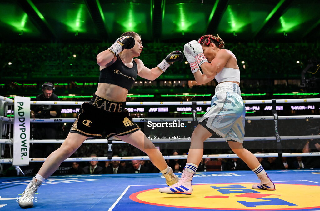 5 September 2026; Katie Taylor, left, and Flora Pili during their undisputed super lightweight championship fight at the Once Upon A Time fight night in Croke Park, Dublin. Photo by Stephen McCarthy/Sportsfile