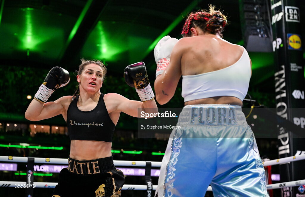 5 September 2026; Katie Taylor, left, and Flora Pili during their undisputed super lightweight championship fight at the Once Upon A Time fight night in Croke Park, Dublin. Photo by Stephen McCarthy/Sportsfile