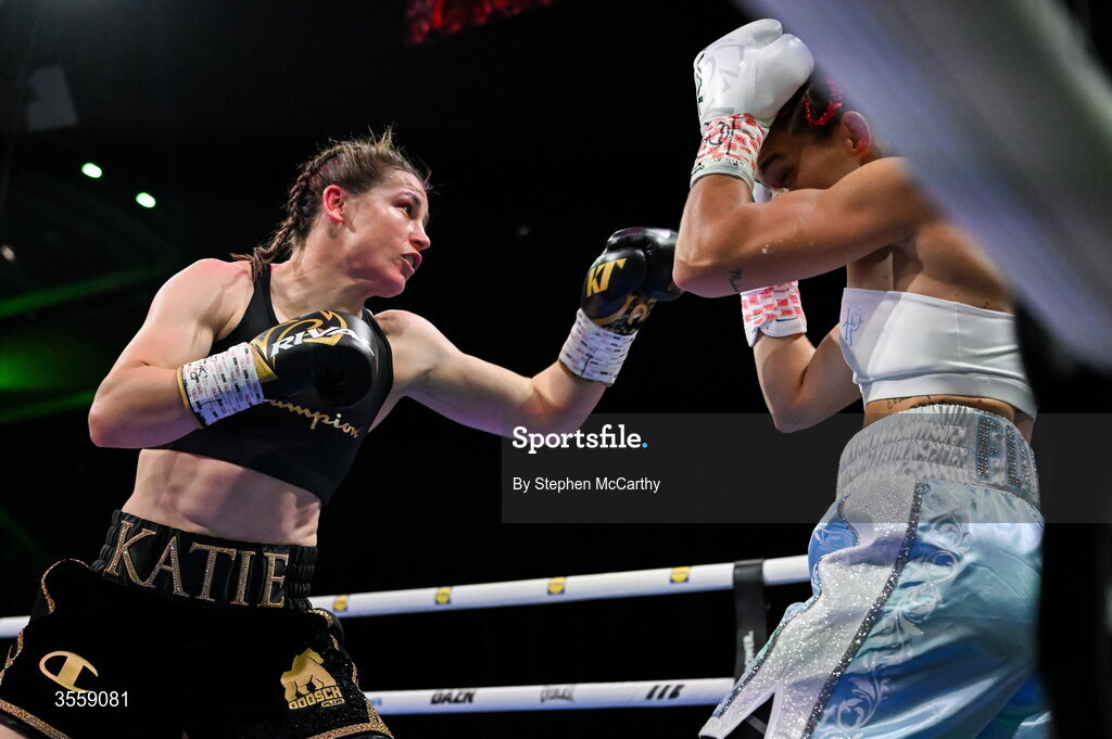 5 September 2026; Katie Taylor, left, and Flora Pili during their undisputed super lightweight championship fight at the Once Upon A Time fight night in Croke Park, Dublin. Photo by Stephen McCarthy/Sportsfile