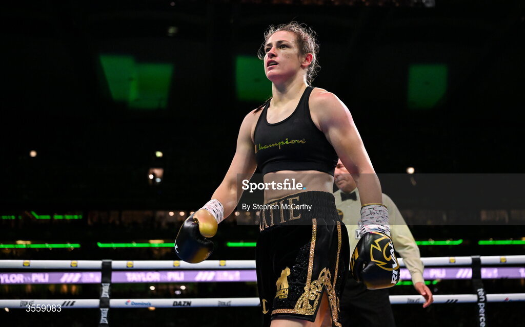 5 September 2026; Katie Taylor during her undisputed super lightweight championship fight with Flora Pili at the Once Upon A Time fight night in Croke Park, Dublin. Photo by Stephen McCarthy/Sportsfile