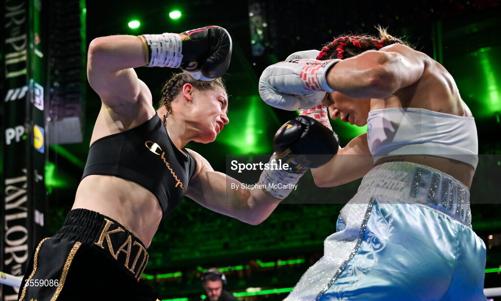5 September 2026; Katie Taylor, left, and Flora Pili during their undisputed super lightweight championship fight at the Once Upon A Time fight night in Croke Park, Dublin. Photo by Stephen McCarthy/Sportsfile