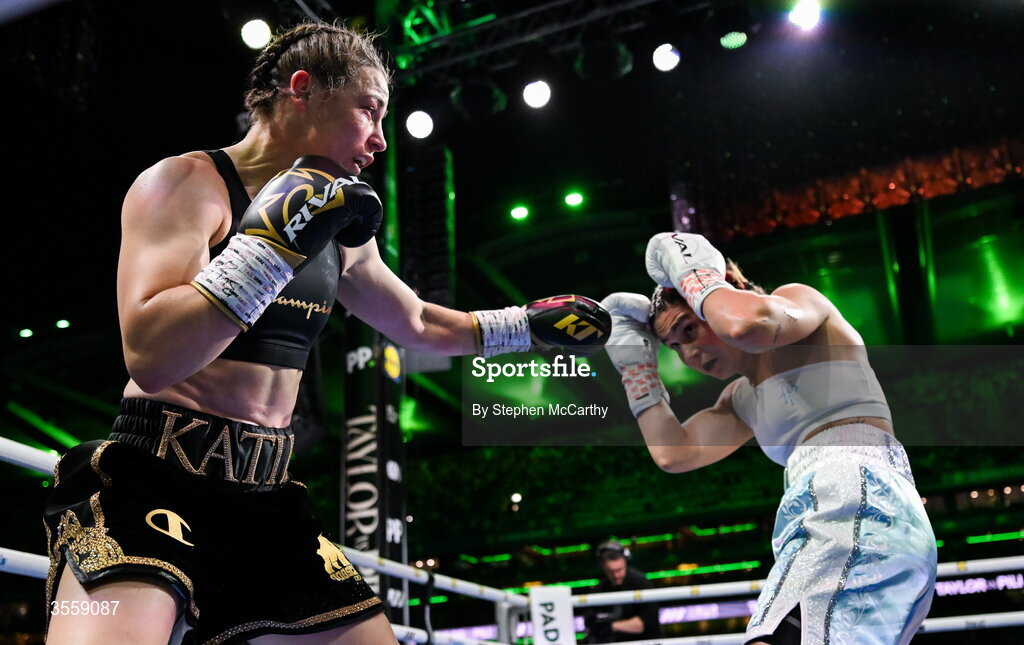 5 September 2026; Katie Taylor, left, and Flora Pili during their undisputed super lightweight championship fight at the Once Upon A Time fight night in Croke Park, Dublin. Photo by Stephen McCarthy/Sportsfile