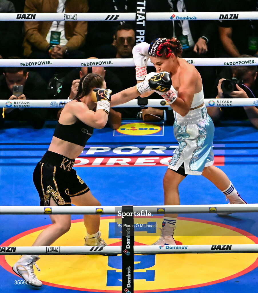 5 September 2026; Katie Taylor, left, and Flora Pili during their undisputed super lightweight championship fight at the Once Upon A Time fight night in Croke Park, Dublin. Photo by Piaras Ó Mídheach/Sportsfile