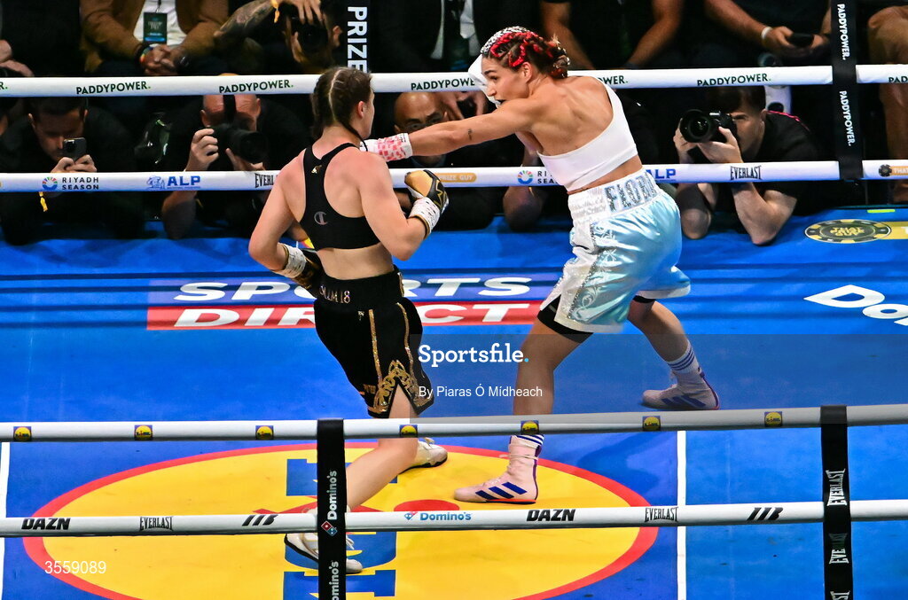 5 September 2026; Katie Taylor, left, and Flora Pili during their undisputed super lightweight championship fight at the Once Upon A Time fight night in Croke Park, Dublin. Photo by Piaras Ó Mídheach/Sportsfile