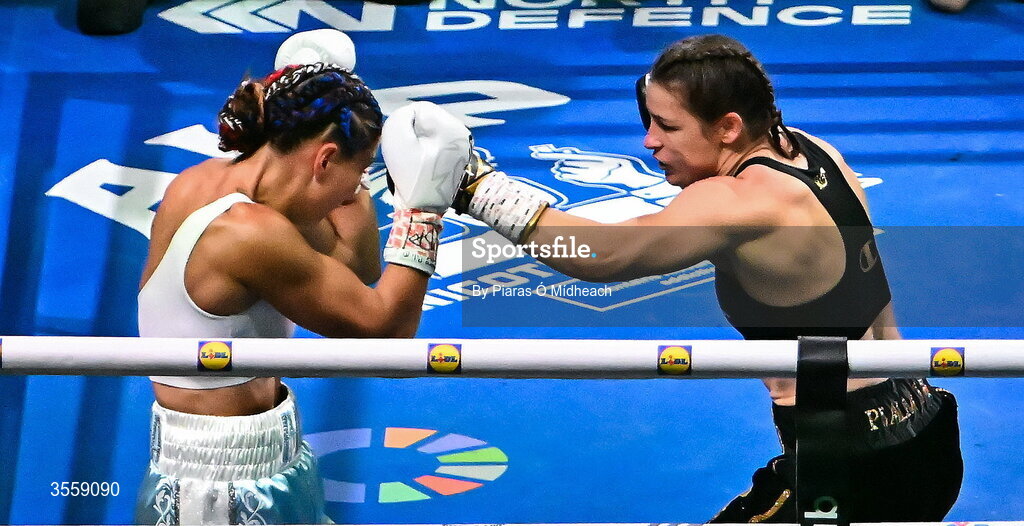 5 September 2026; Katie Taylor, right, and Flora Pili during their undisputed super lightweight championship fight at the Once Upon A Time fight night in Croke Park, Dublin. Photo by Piaras Ó Mídheach/Sportsfile