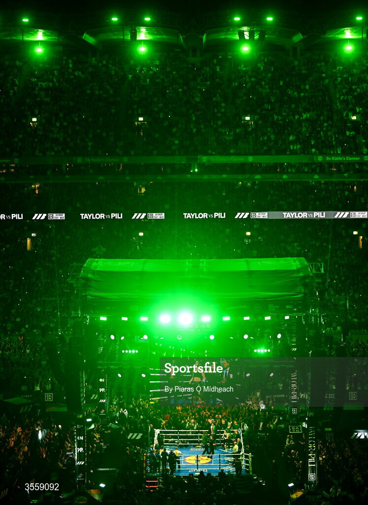 5 September 2026; Katie Taylor makes her way into the ring before her undisputed super lightweight championship fight with Flora Pili at the Once Upon A Time fight night in Croke Park, Dublin. Photo by Piaras Ó Mídheach/Sportsfile